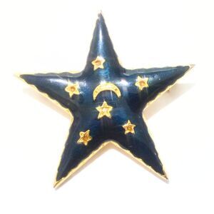 Vintage Navy Blue Enamel Celestial Star Brooch Gold Tone Moon & Stars Night Sky